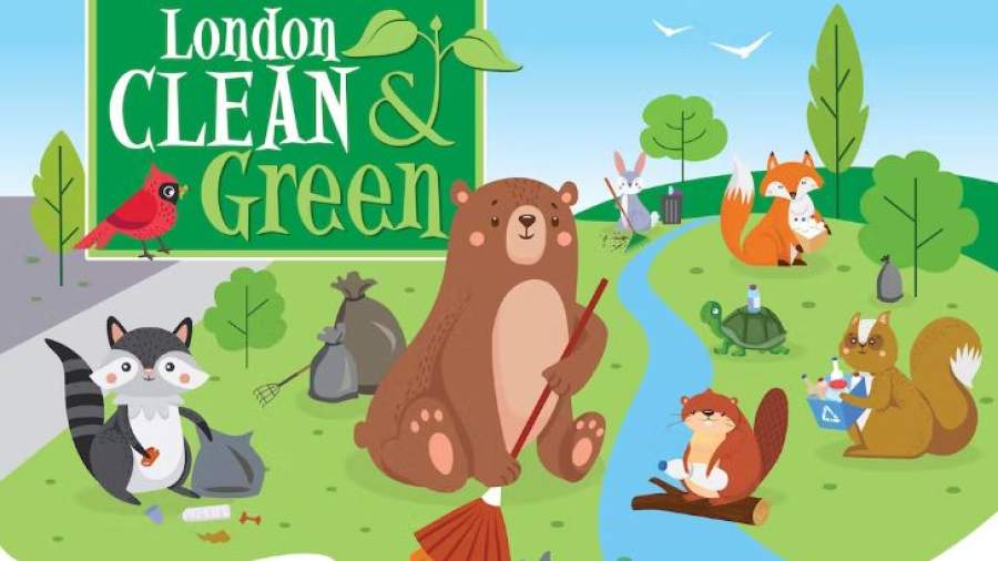The London Clean and Green logo and an illustration of animals outdoors in a green space. 